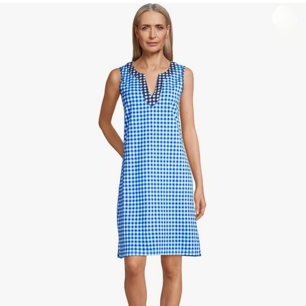 NWT Draper James x Lands End Gingham Sleeveless Tank Midi Dress Size Medium Blue
